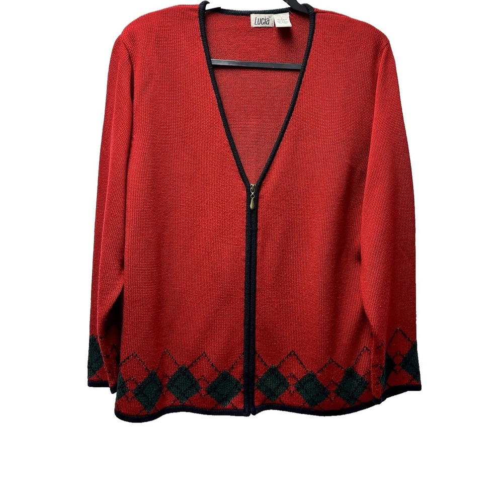 VTG Lucia L Red Cardigan Sweater‎ Holiday Festive Argyle Secretary 90s Ski Retro